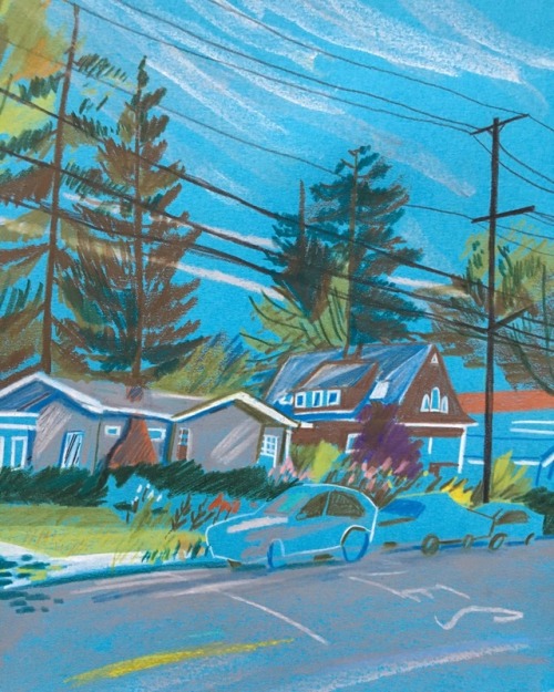 Blue suburb scene by artist Joey Yu