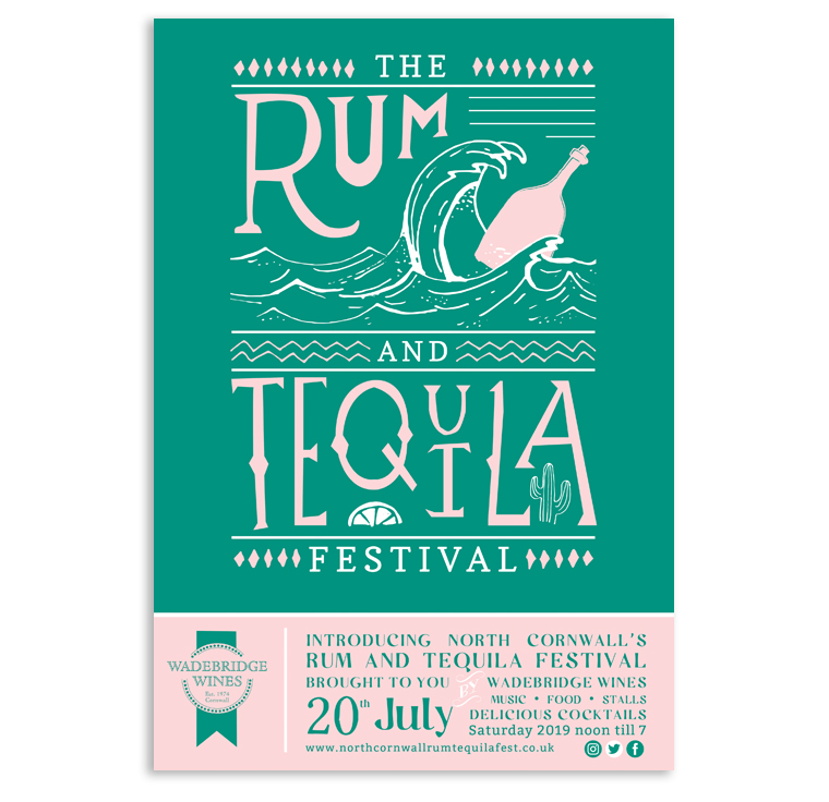 Tequila and Rum festival poster in pink and green