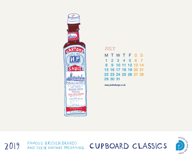 Download our July vintage food packaging calendar of HP Sauce for free for your mobile, tablet and desktop computer background