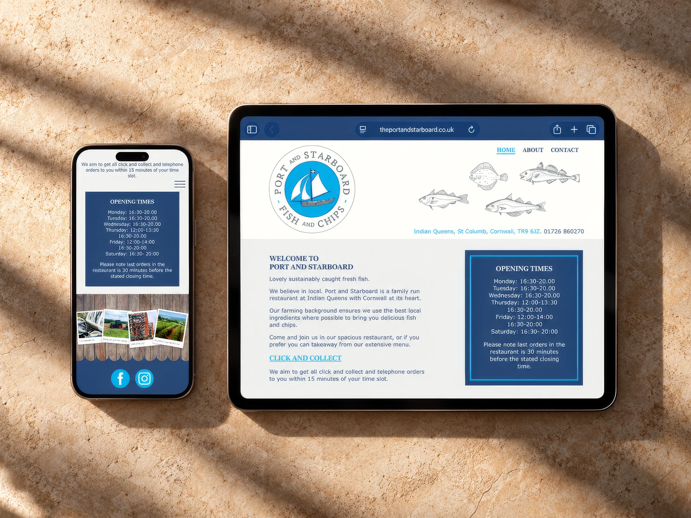 Port and Starboard restaurant website displayed on a tablet and mobile phone