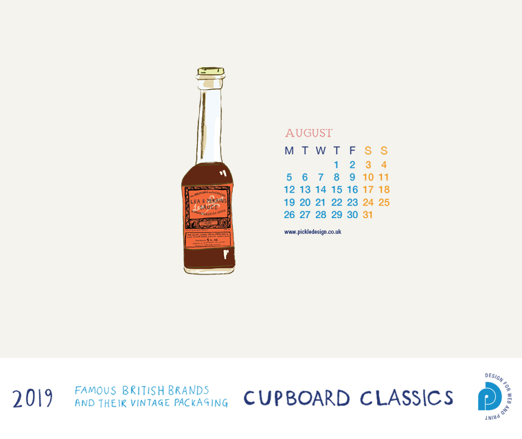 Download our August vintage food packaging calendar of Lea and Perrins Worcester Sauce for free for your mobile, tablet and desktop computer background