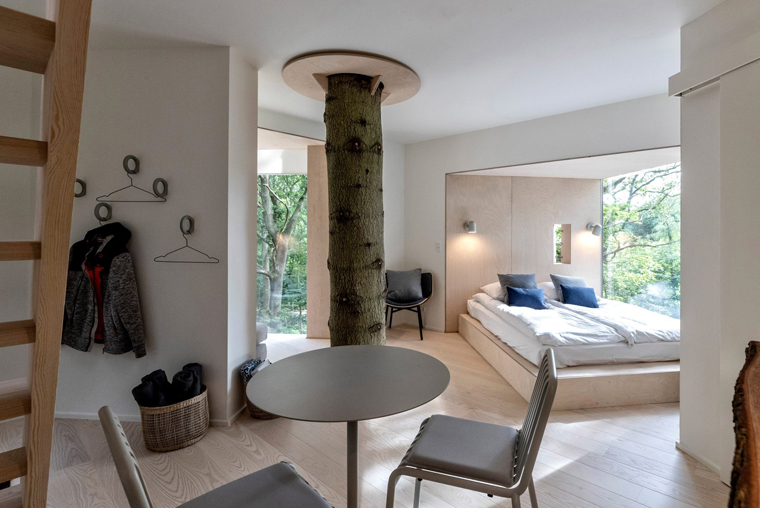 Minimal Danish interior in a tree house hotel