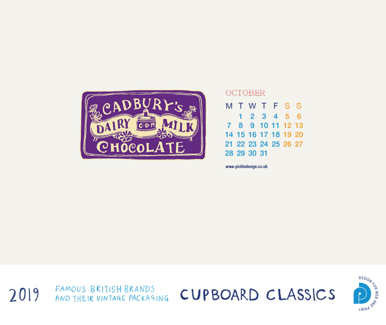 Download our October vintage food packaging calendar of Cadbury's Chocolate for free for your mobile, tablet and desktop computer background