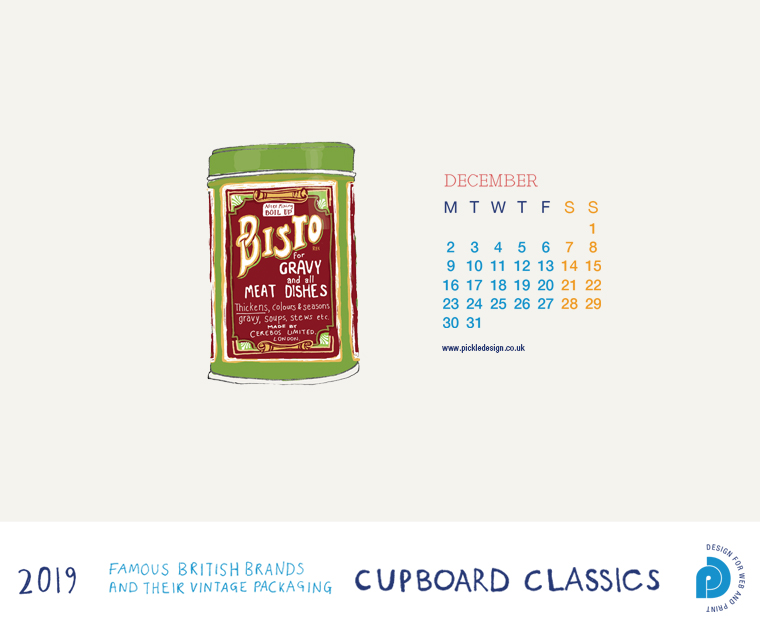 Download our December vintage food packaging calendar of Bisto Gravy for free for your mobile, tablet and desktop computer background