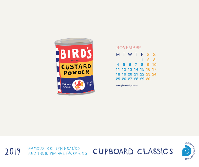 Download our November vintage food packaging calendar of Bird's Custard for free for your mobile, tablet and desktop computer background