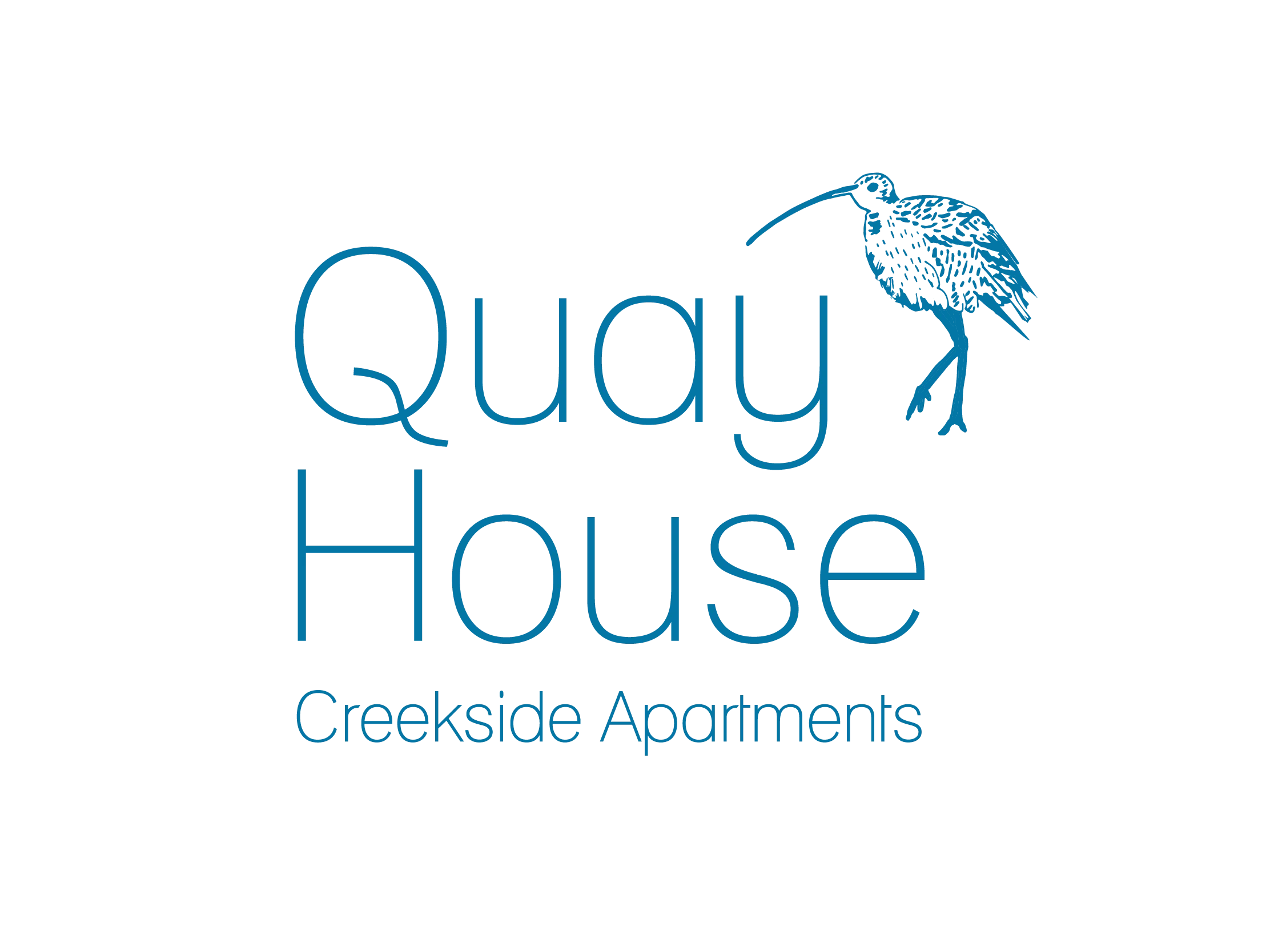 Blue Quay House Creekside Apartments logo featuring an illustrated curlew and water lines extending from the Q