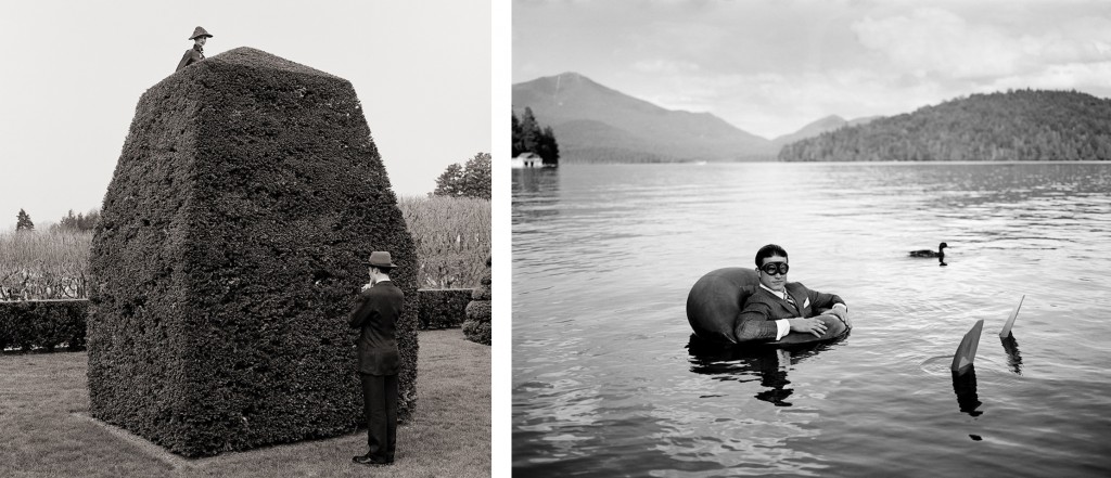 Two black and white Rodney Smith photographs showing figures around a huge clipped hedge and a suited man floating in a lake beside a duck and shark-fin-like shapes
