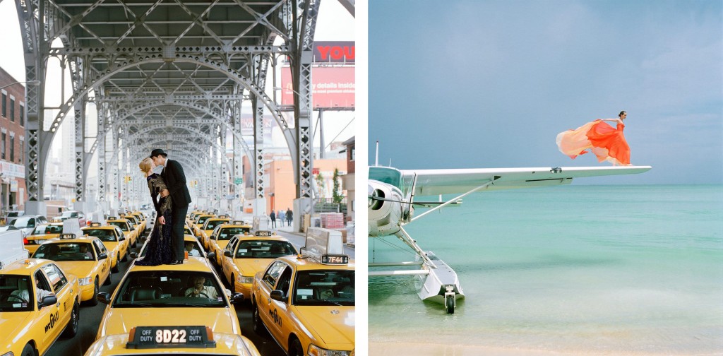 Rodney Smith photographs of a couple kissing on top of yellow New York taxis and a woman in an orange dress standing on a seaplane wing