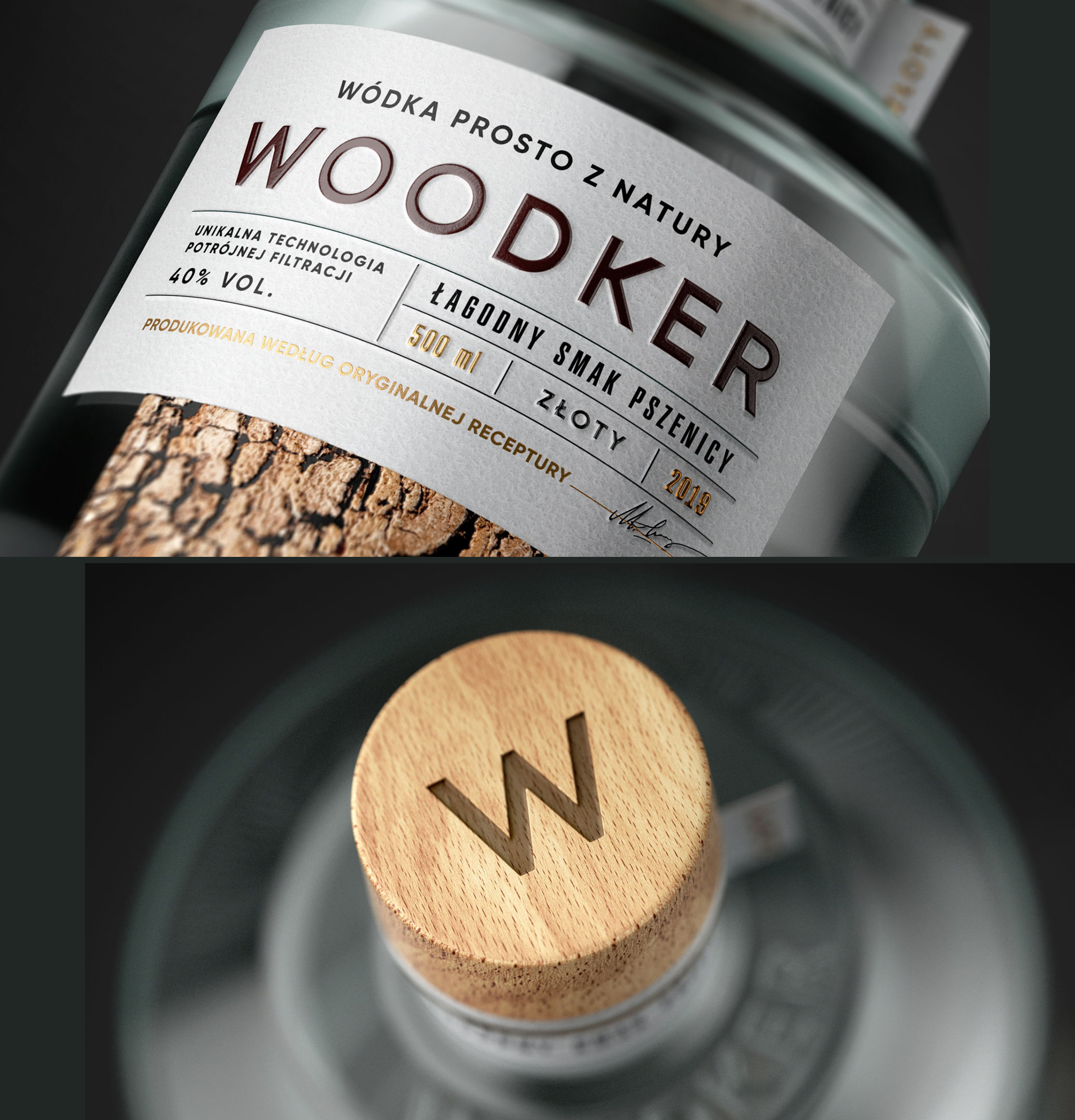 Woodker vodka packaging with bark effect and raised print and wooden lid