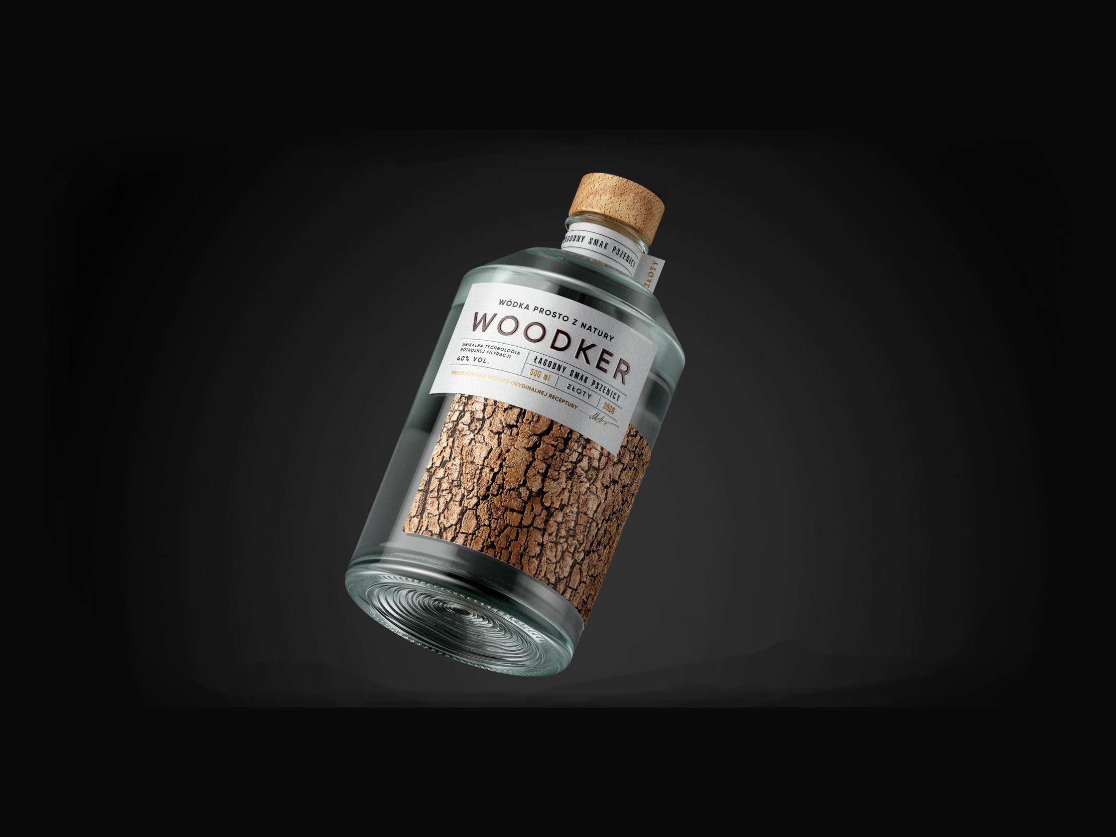 Woodker vodka packaging with bark effect