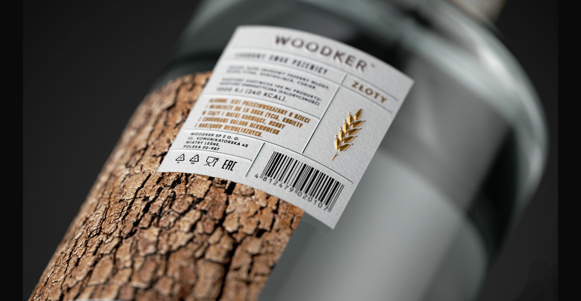 Woodker vodka packaging with bark effect and raised print