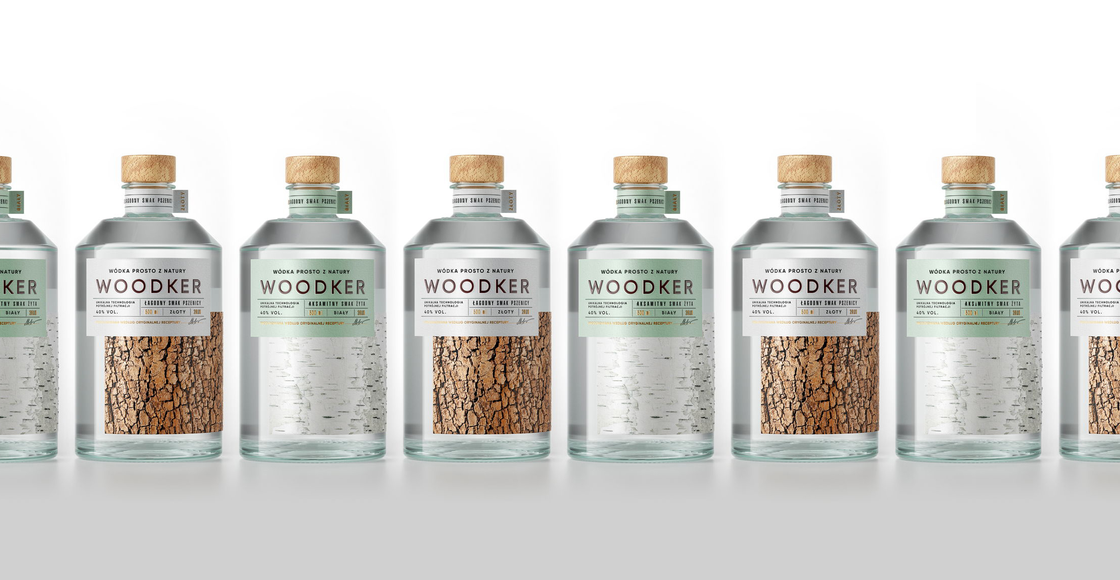 Woodker vodka packaging with bark effect and raised print