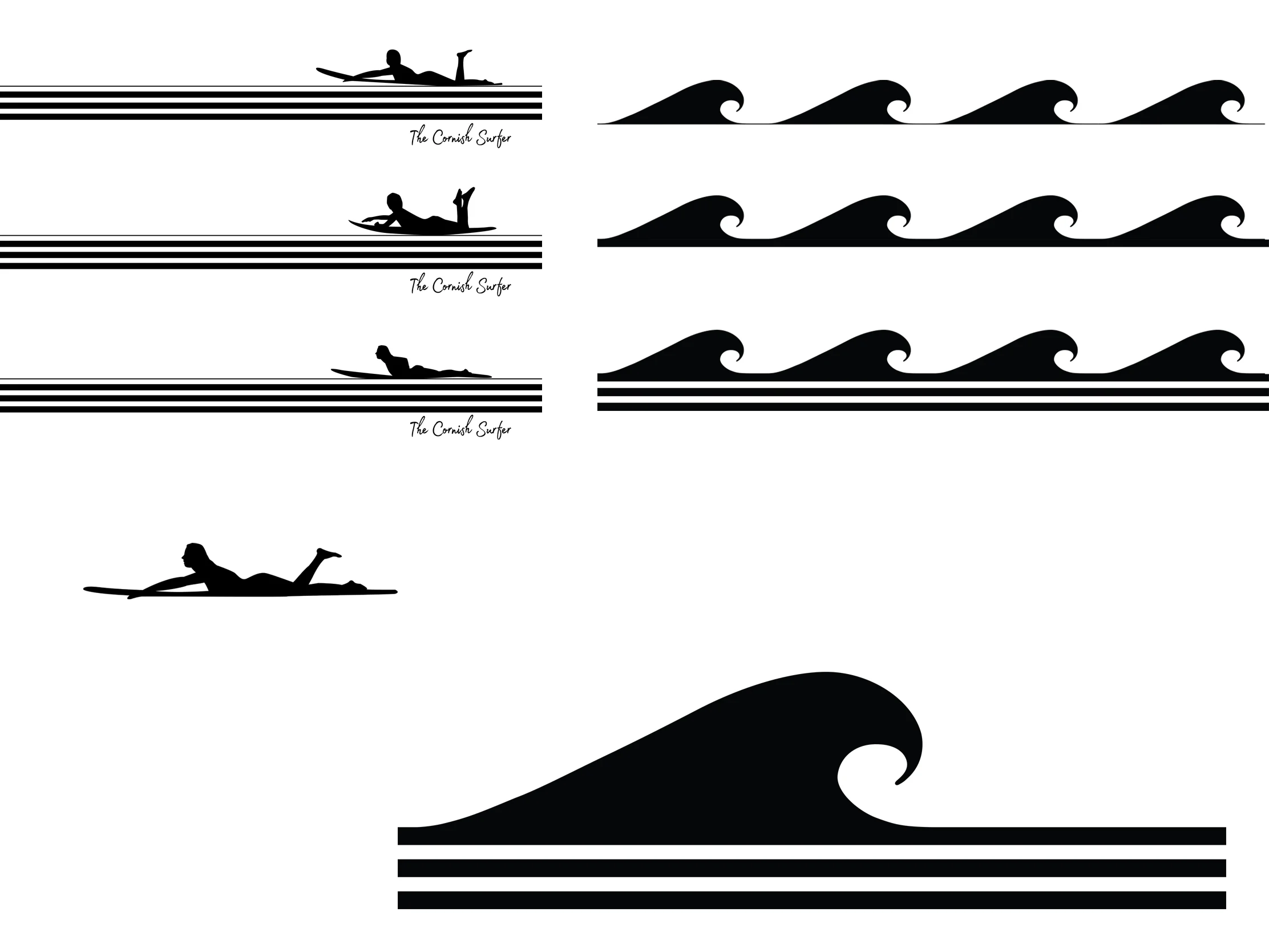 Early wave, stripe and surfer concept artwork for The Cornish Surfer brand development