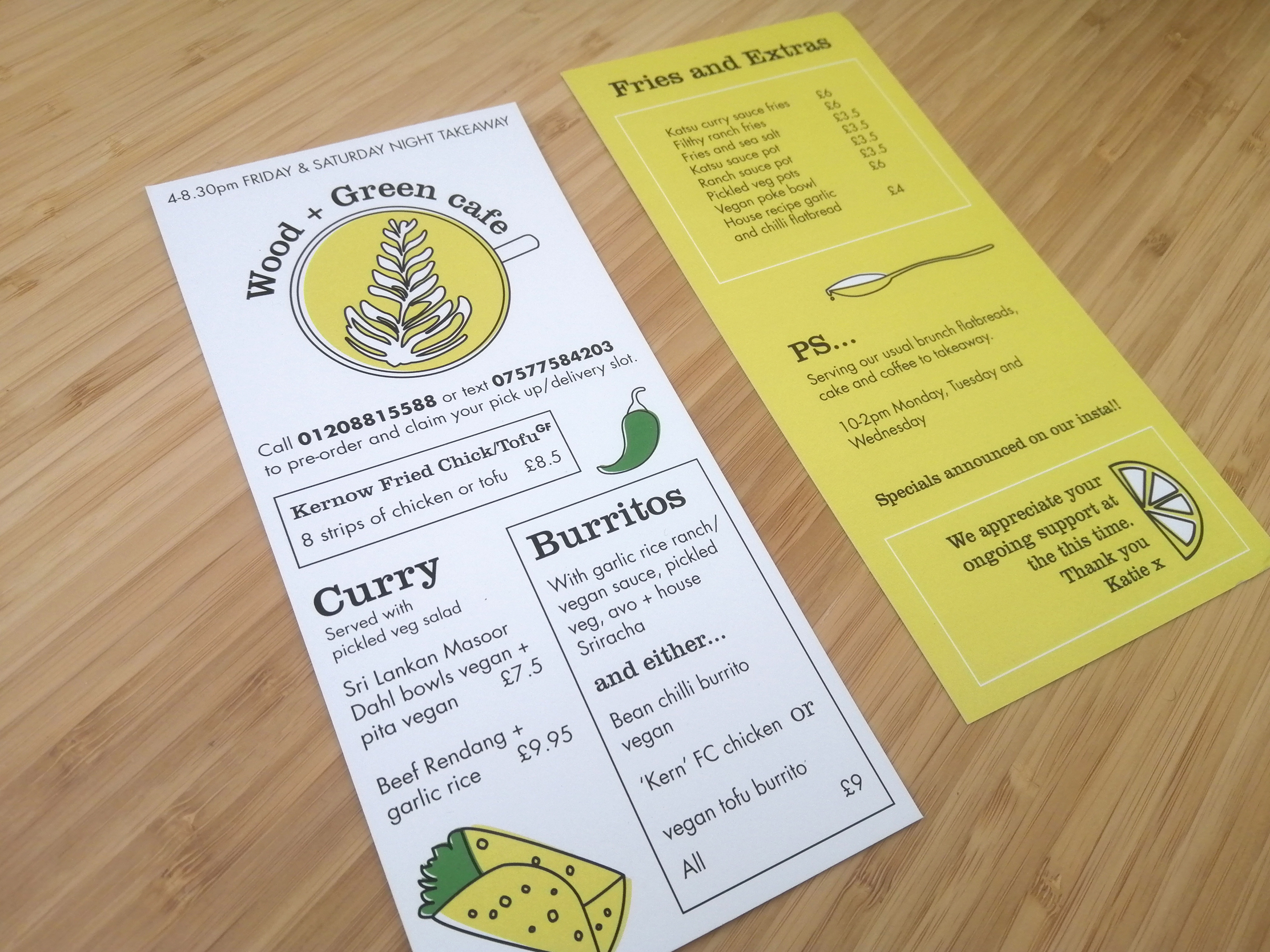 Wood + Green cafe menu