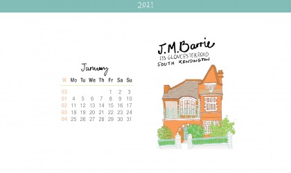 Download the month of January from our 2021 calendar featuring illustrations of classic writer's houses for free for your mobile, tablet and desktop computer background