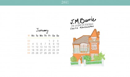 Download the month of January from our 2021 calendar featuring illustrations of classic writer's houses for free for your mobile, tablet and desktop computer background