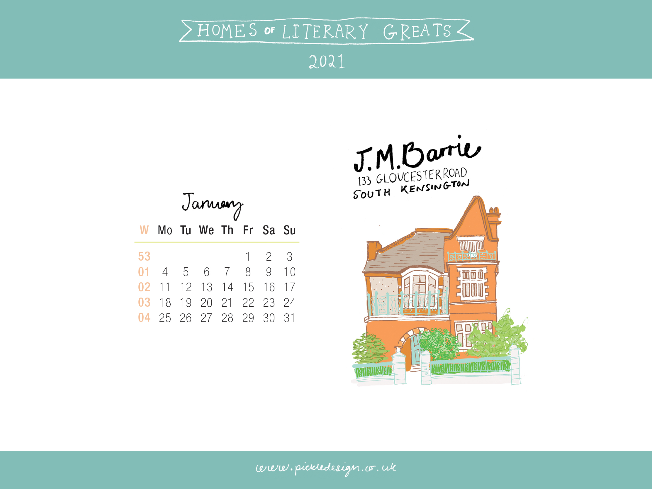 Download the month of January from our 2021 calendar featuring illustrations of classic writer's houses for free for your mobile, tablet and desktop computer background