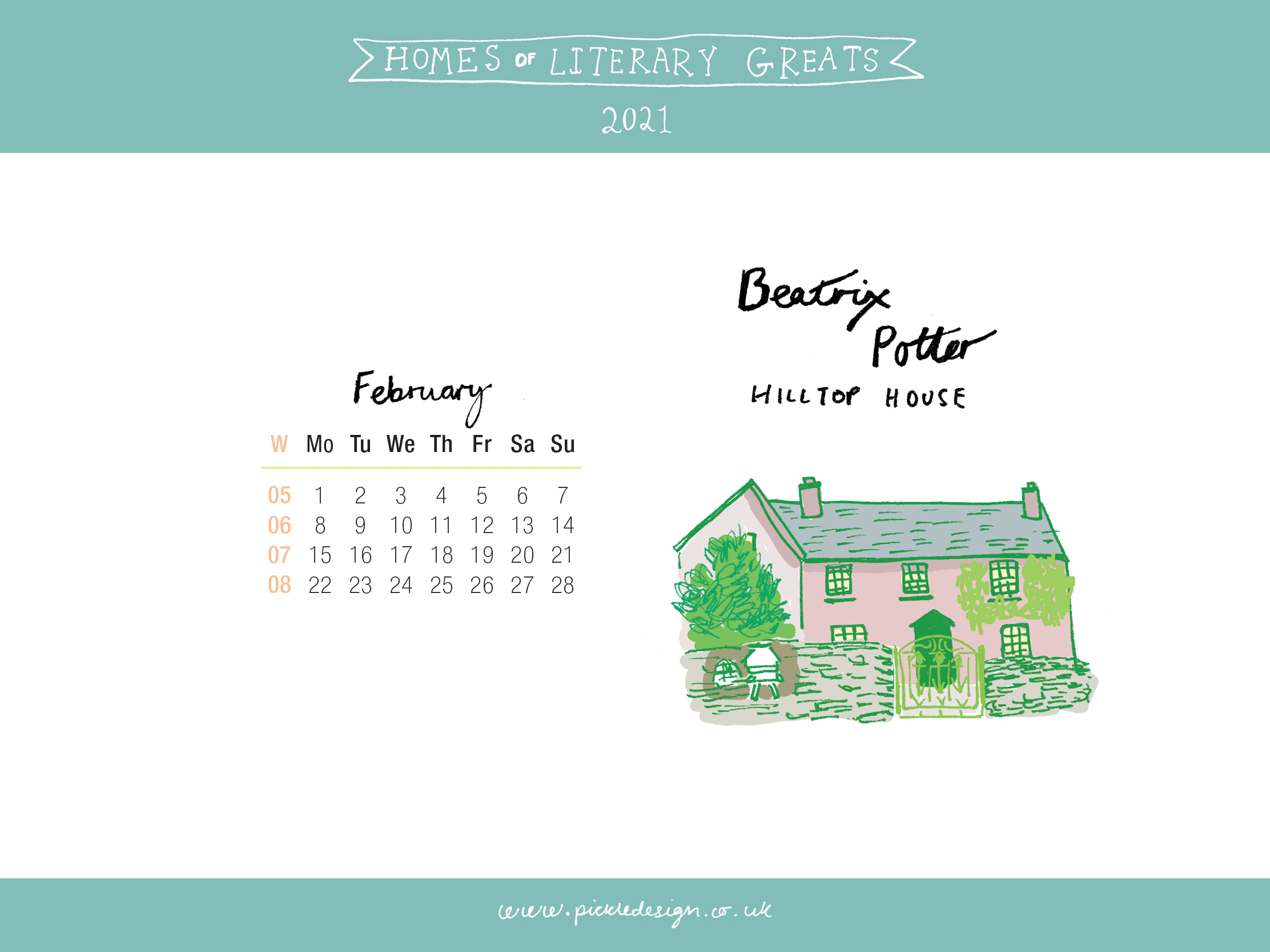 Download the month of February from our 2021 calendar featuring illustrations of classic writer's houses for free for your mobile, tablet and desktop computer background