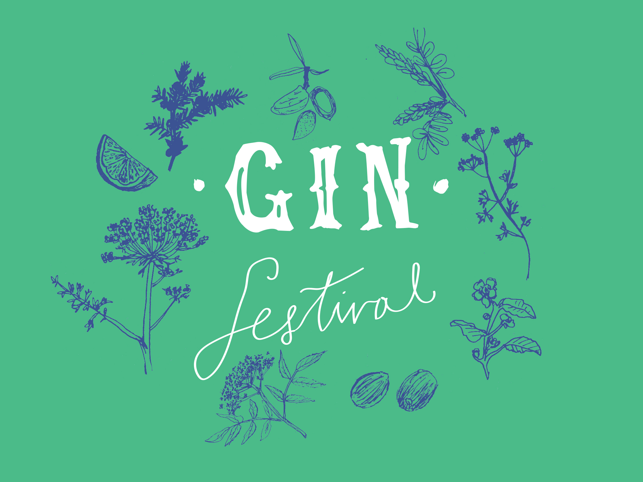 The brand Pickle Design created with illustration in blue and green for Wadebridge Wine's gin festival