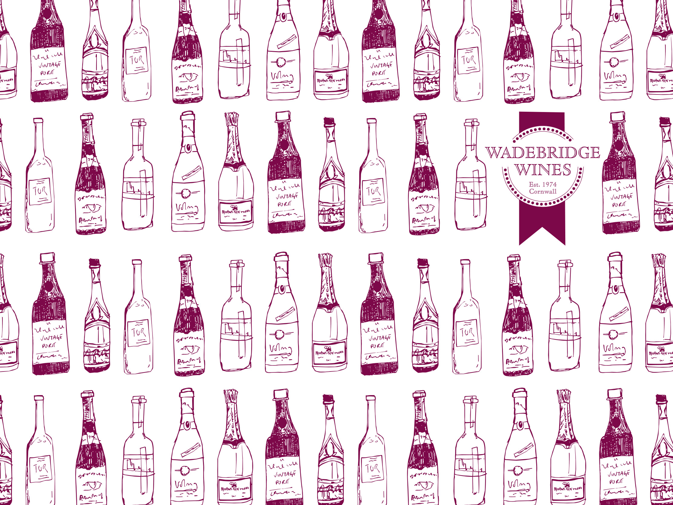 Hand-drawn pattern of wine bottles in maroon, featuring the Wadebridge Wines logo, designed as part of their brand identity.