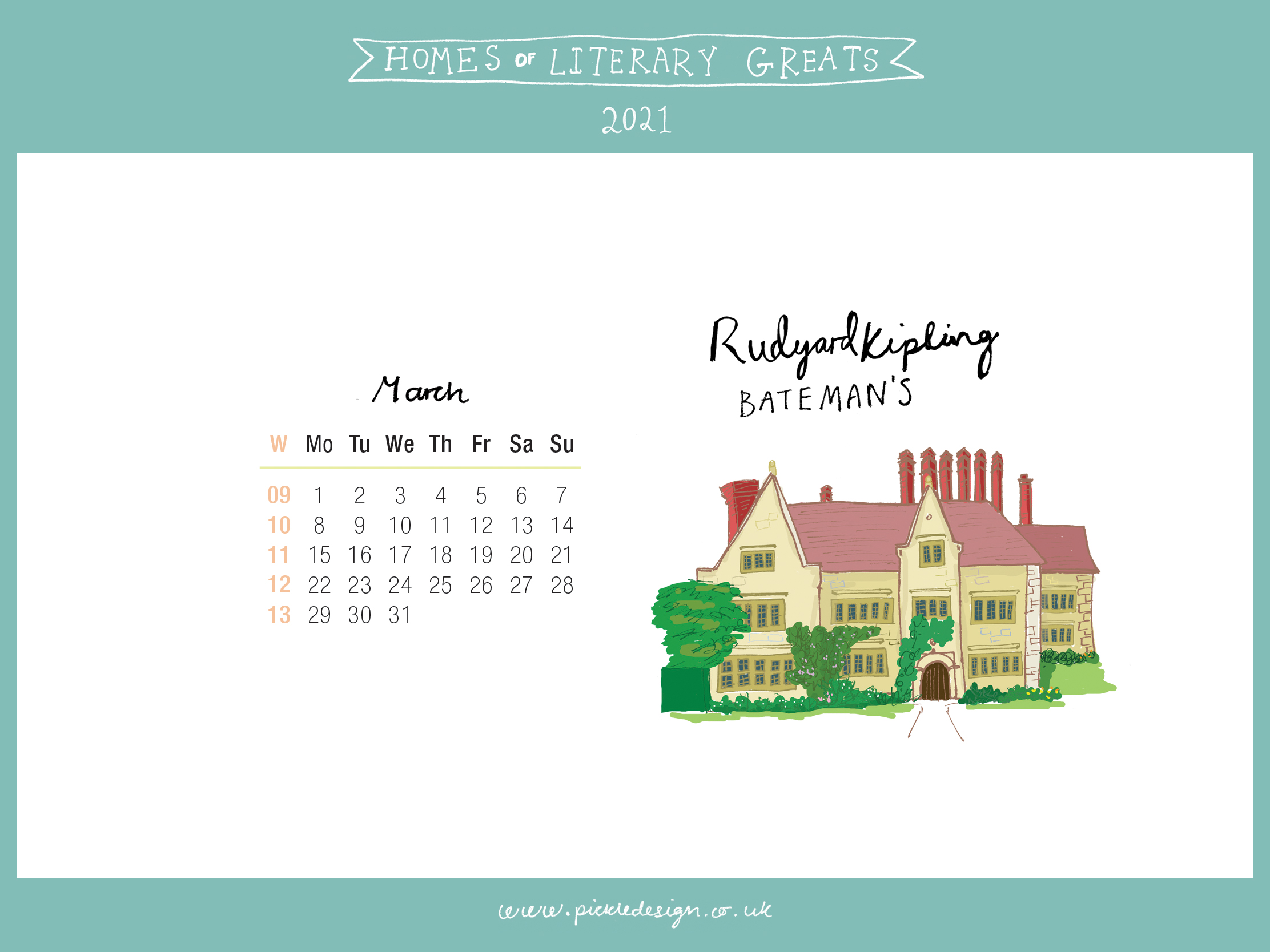 Download the month of March from our 2021 calendar featuring illustrations of classic writer's houses for free for your mobile, tablet and desktop computer background