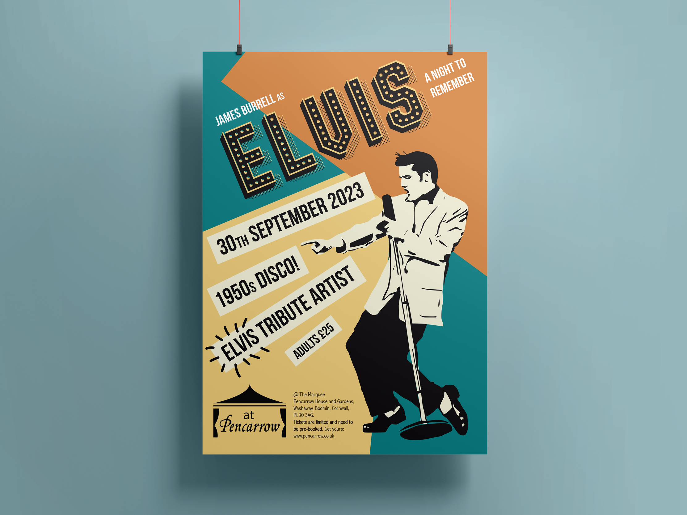 Illustrated Elvis event poster designed for Pencarrow House and Gardens