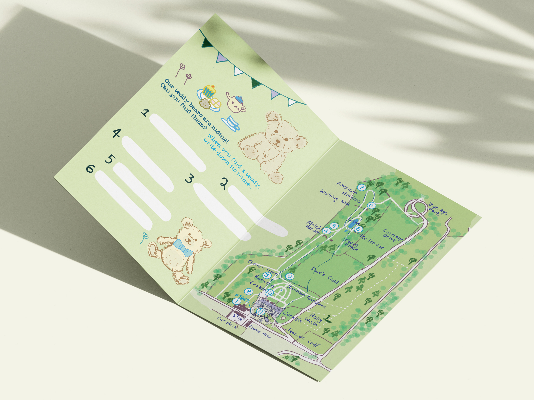 Illustrated Teddy Bear Hunt activity map showing Pencarrow House and Gardens