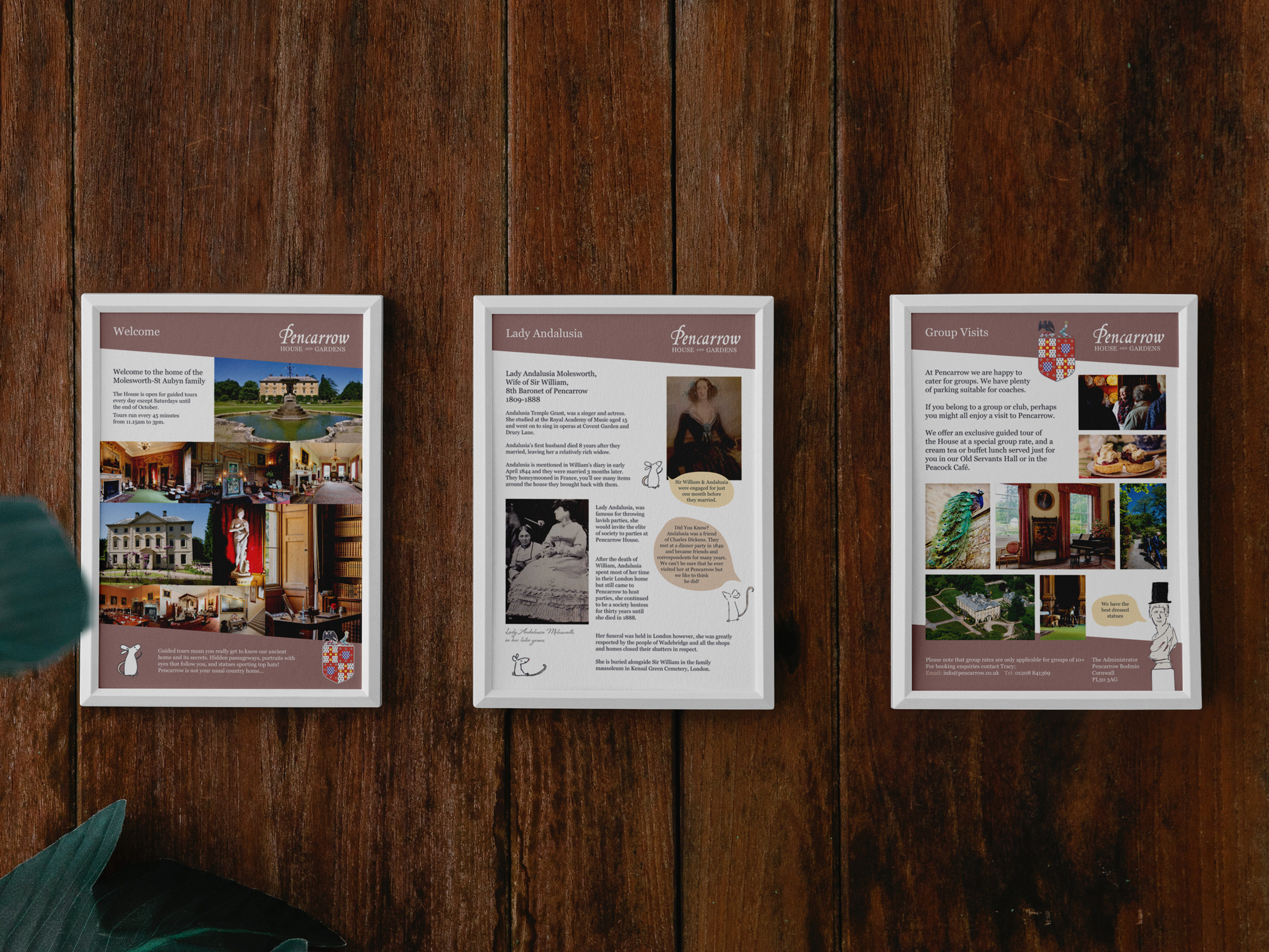 Framed visitor information panels designed for Pencarrow House and Gardens