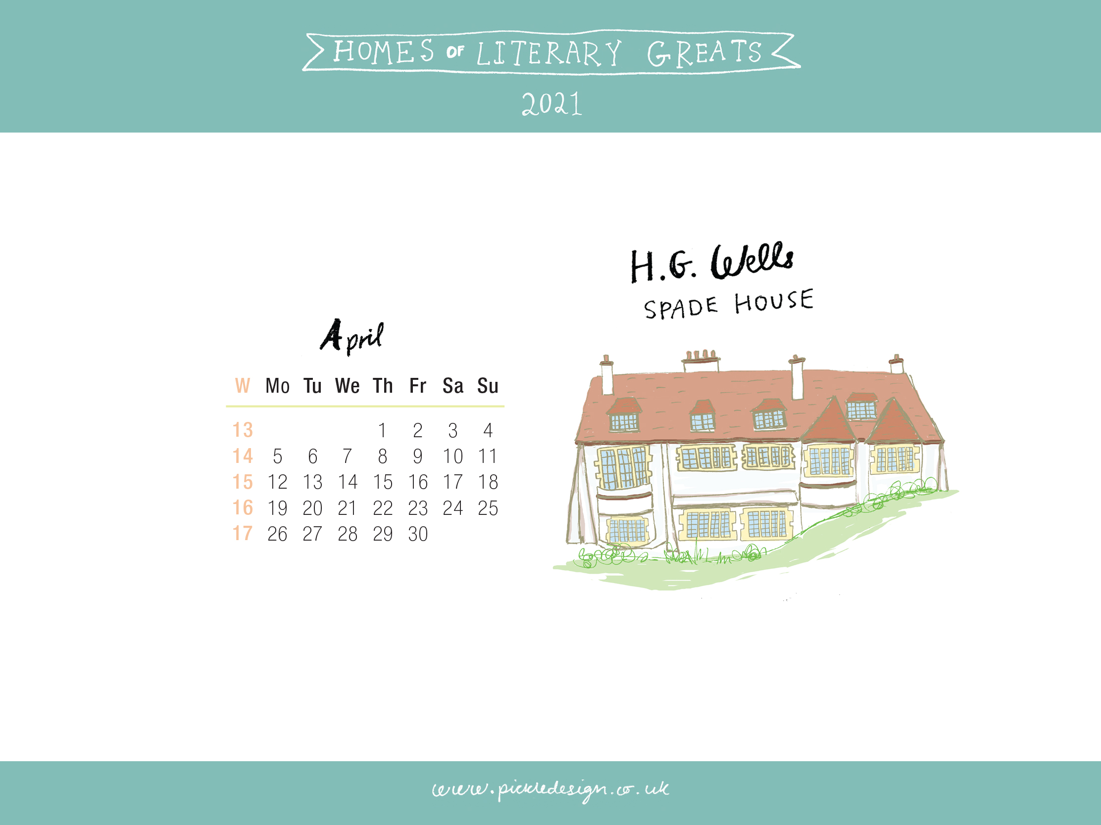 Download the month of April from our 2021 calendar featuring illustrations of classic writer's houses for free for your mobile, tablet and desktop computer background