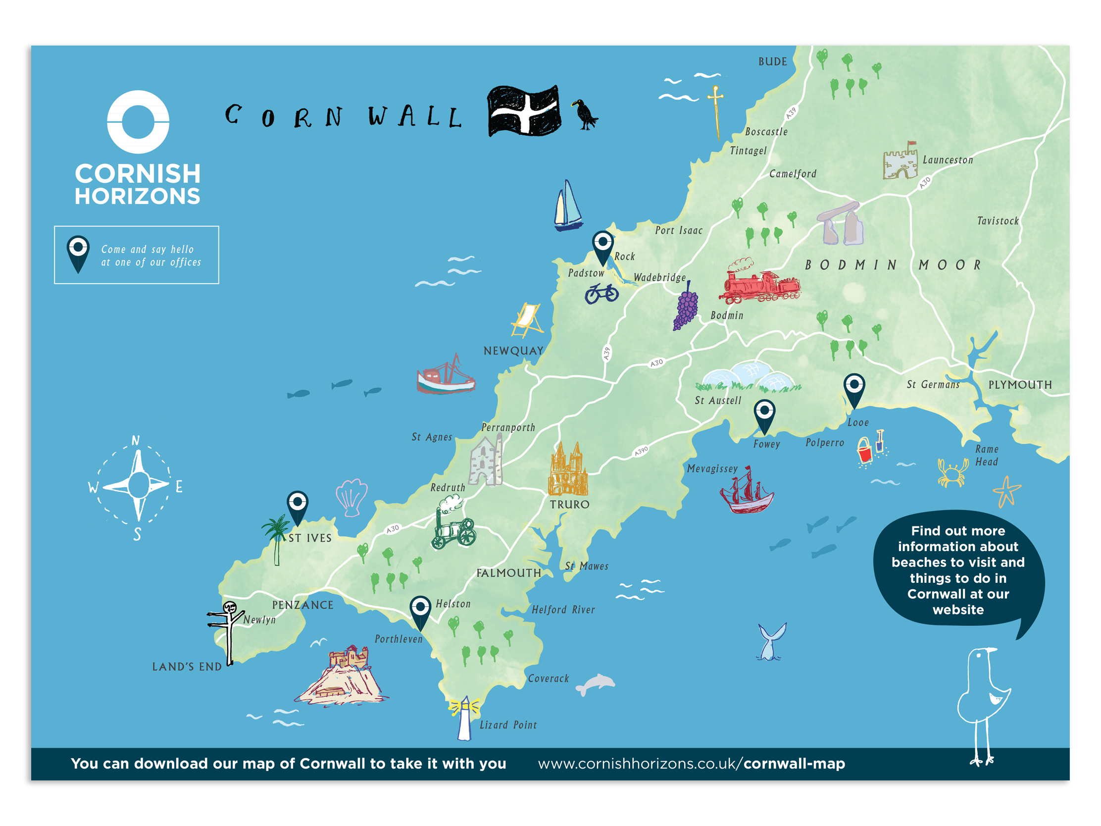 Hand illustrated map of Cornwall for Cornish Horizons