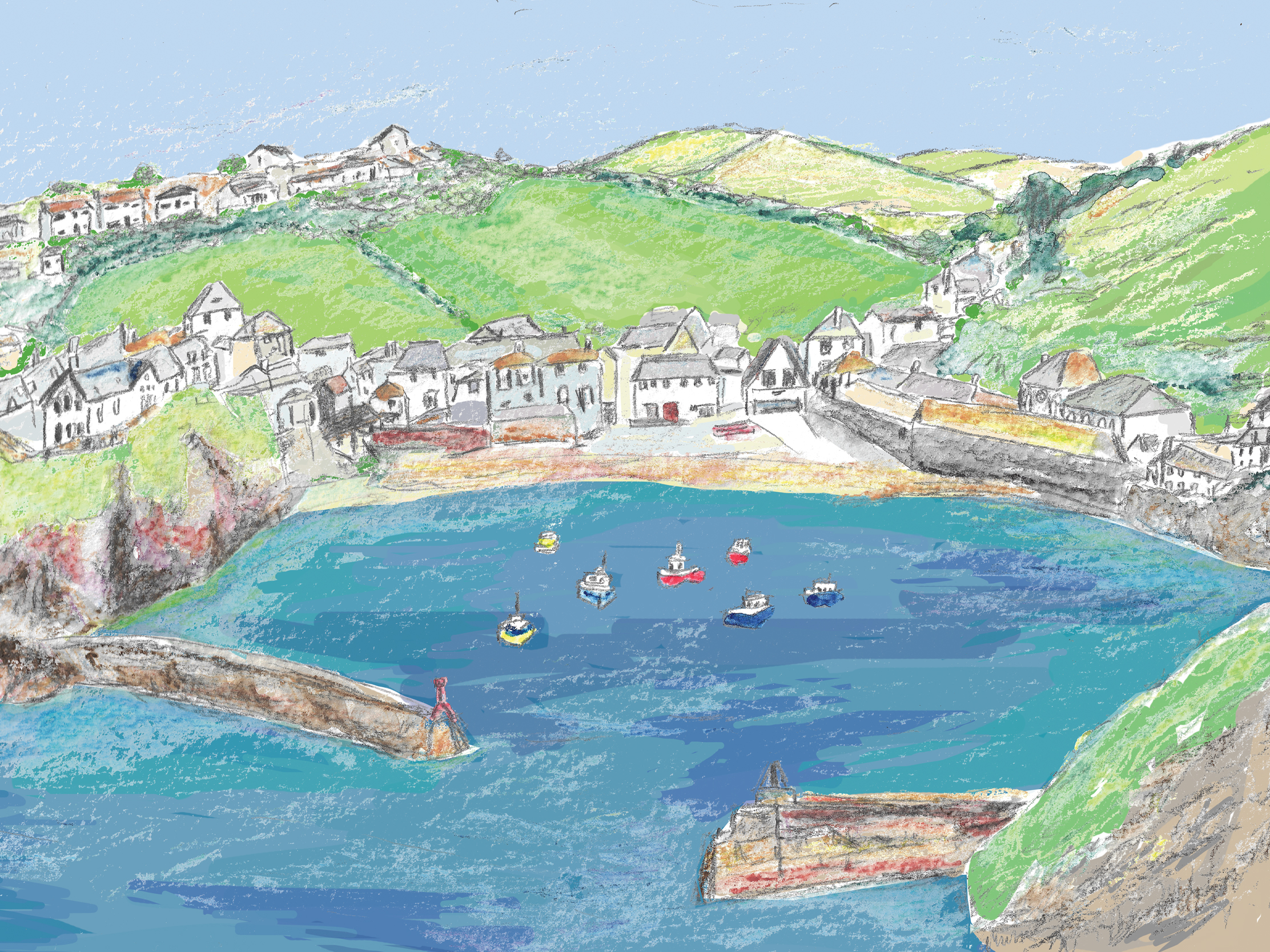 Our illustration of Port Isaac for Harbour Treats