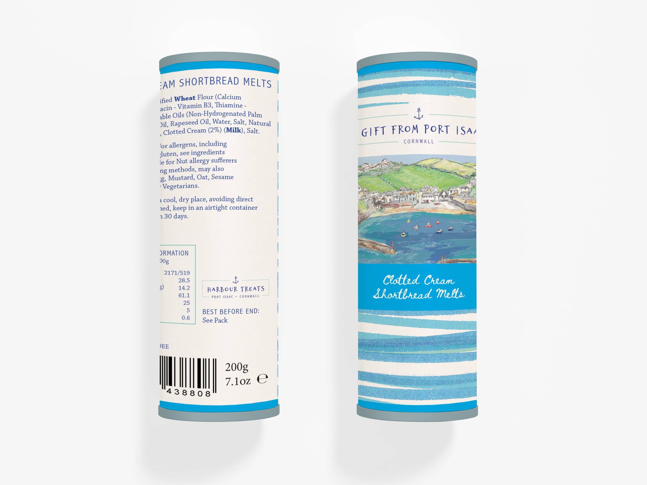 Harbour Treats biscuit barrels featuring the Port Isaac illustration and coastal branding