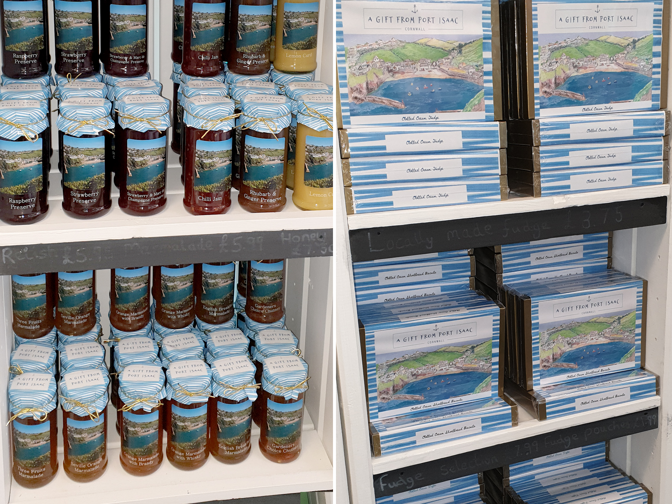 Selection of Harbour Treats labels and packaging featuring an illustrated view of Port Isaac