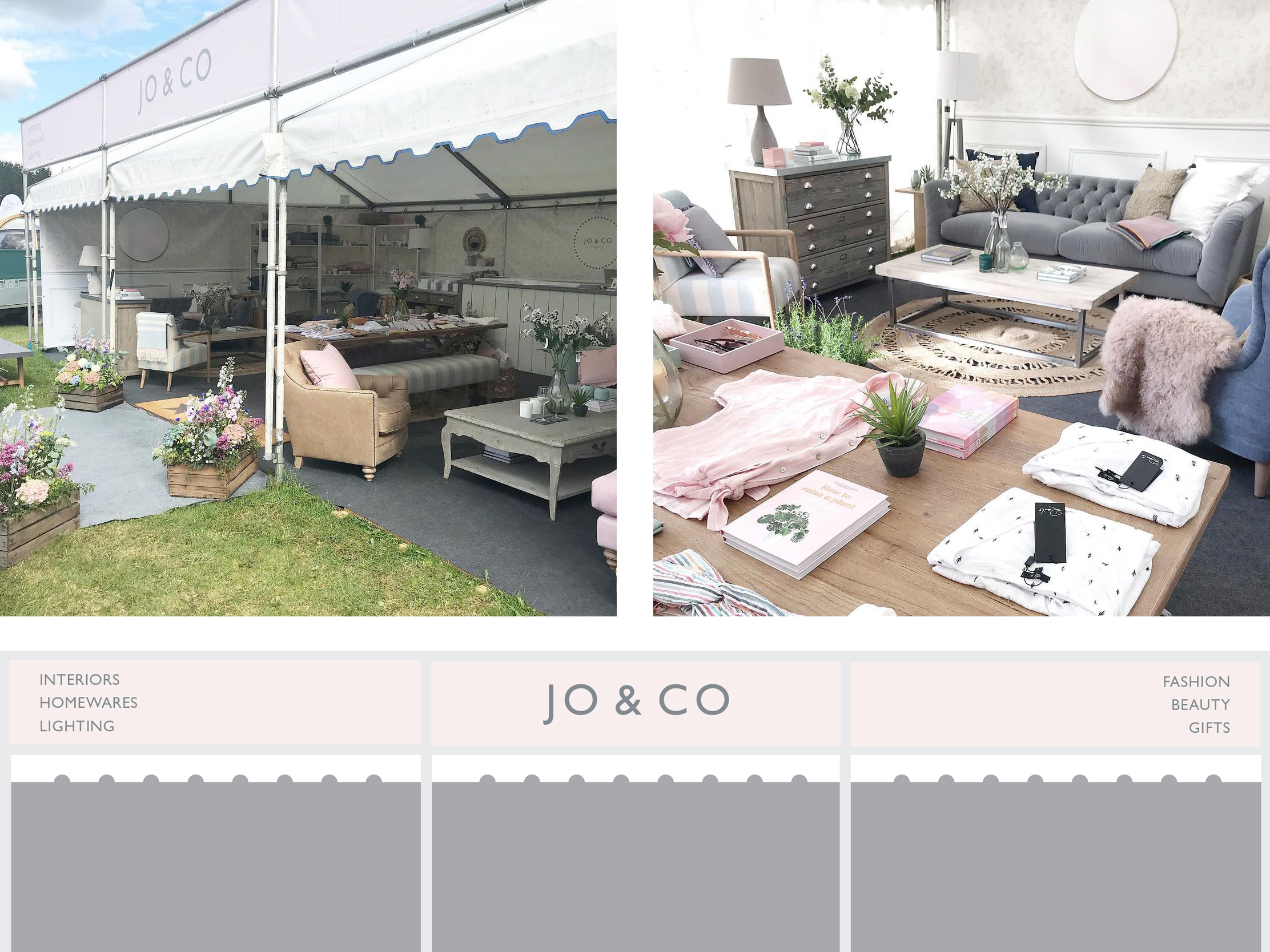 Jo and Co Home exhibition stand at the Royal Cornwall Show with large pink exterior banners