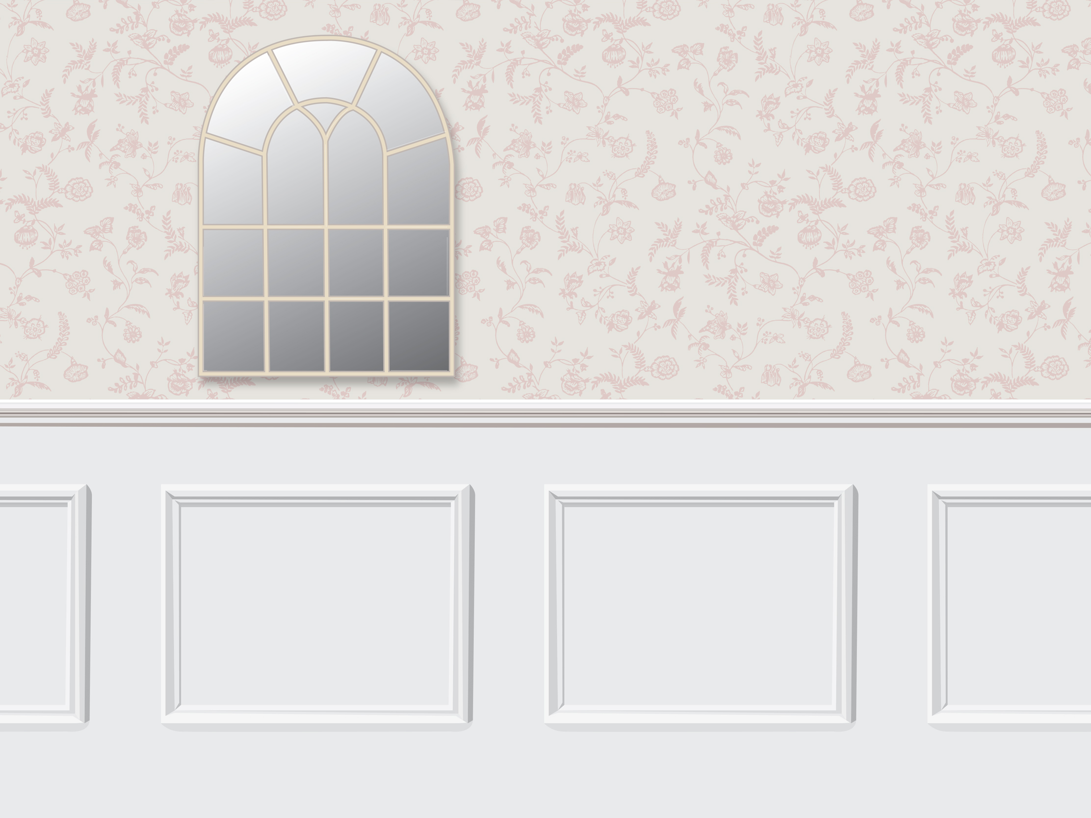 Interior of the Jo and Co Home show stand with printed wallpaper, wood panelling and mirror-effect graphics