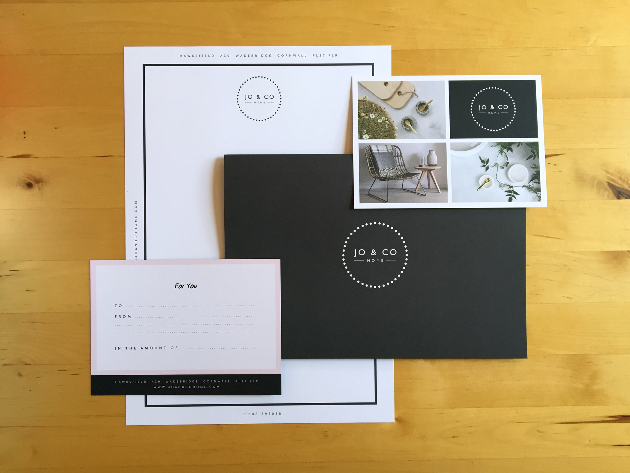 Jo and Co Home letterheads, invoices and branded stationery in black and soft pink