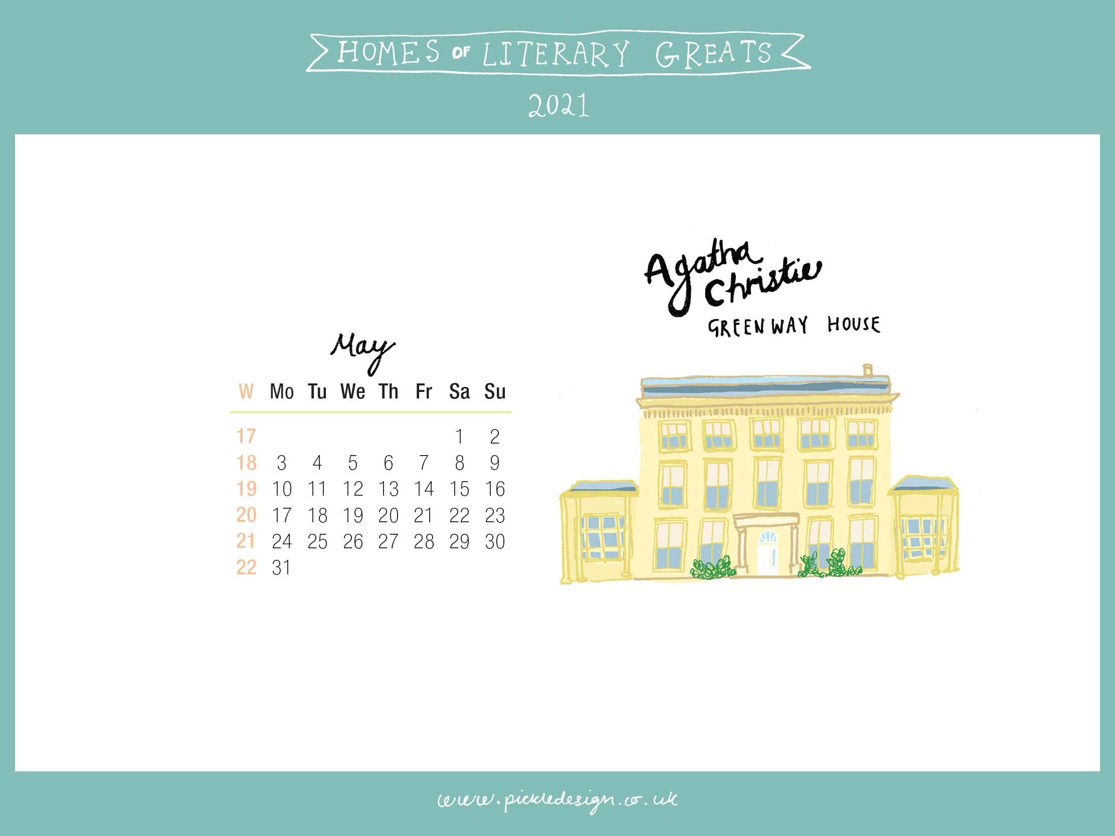 Download the month of May from our 2021 calendar featuring illustrations of classic writer's houses for free for your mobile, tablet and desktop computer background