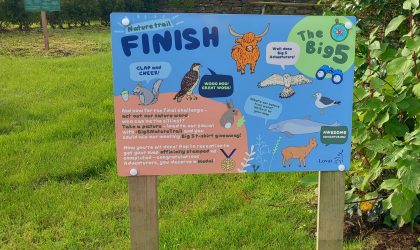 Illustrated Big 5 nature trail finish sign installed at a Lovat Holiday Park
