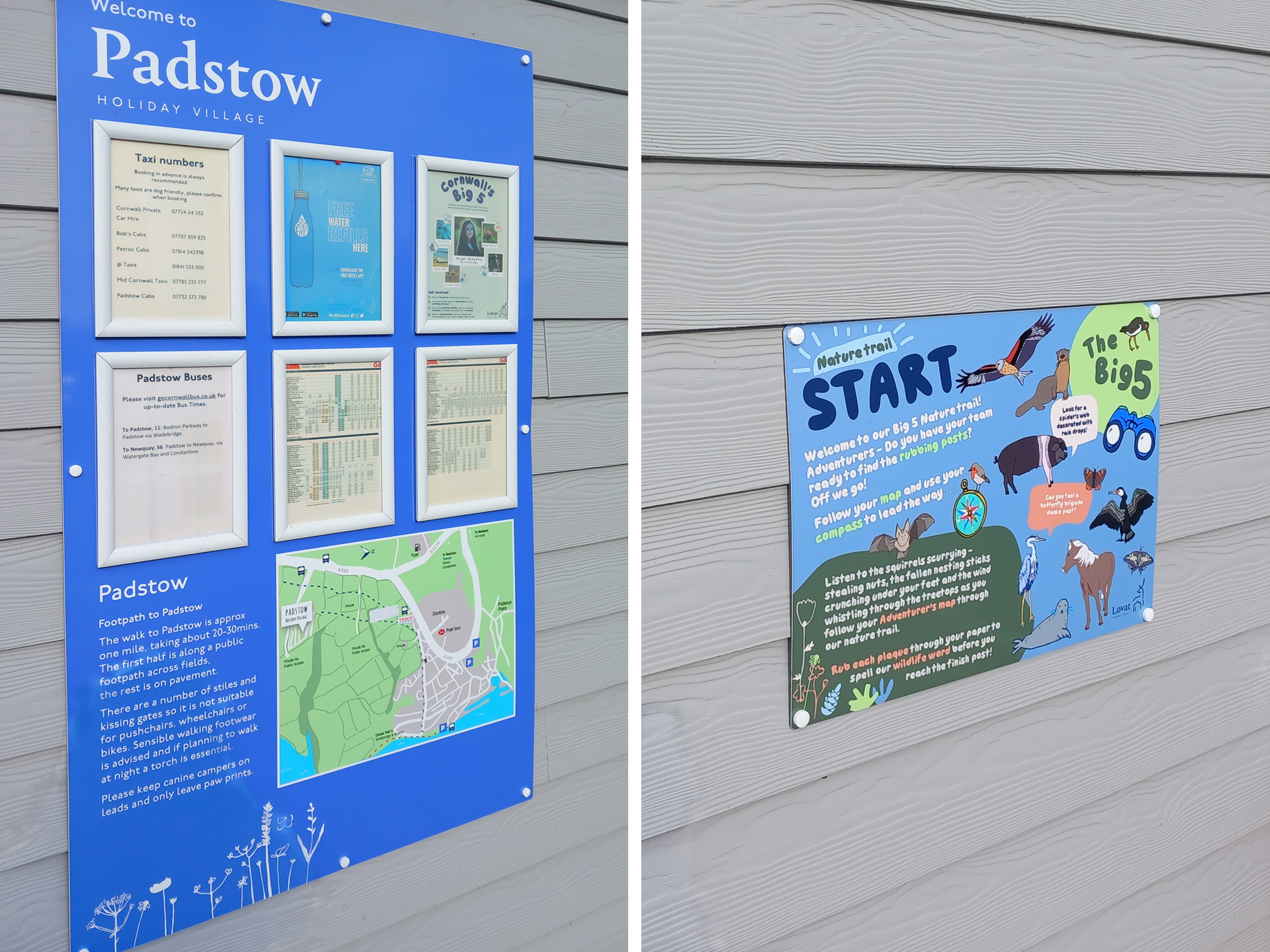 Padstow Holiday Village visitor noticeboard and illustrated Big 5 nature trail start sign