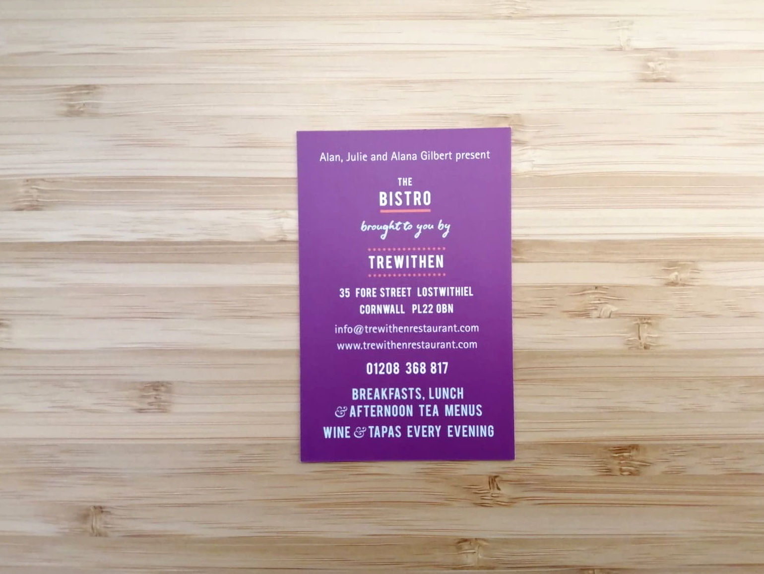 Business card design for Trewithen Bistro and Wine Bar
