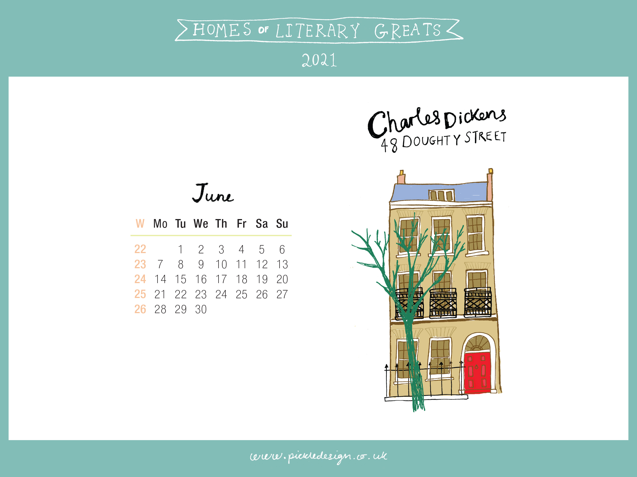 Download the month of June from our 2021 calendar featuring illustrations of classic writer's houses for free for your mobile, tablet and desktop computer background
