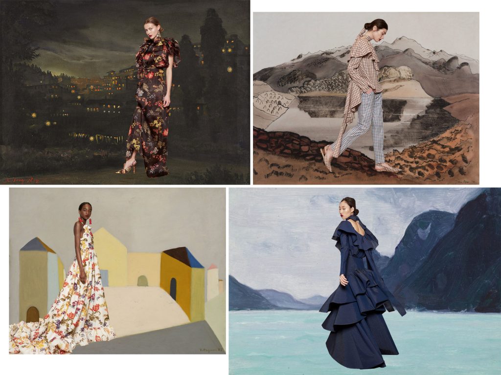 The fashion of Rosie Assoulin paired with colourful paintings by Miss Moss