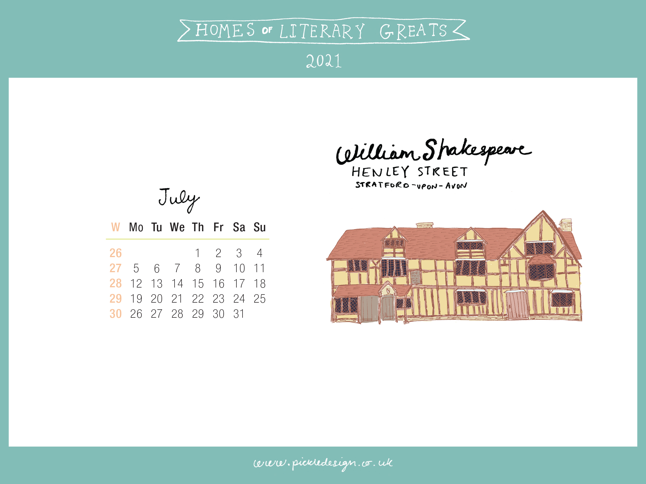 Download the month of July from our 2021 calendar featuring illustrations of classic writer's houses for free for your mobile, tablet and desktop computer background