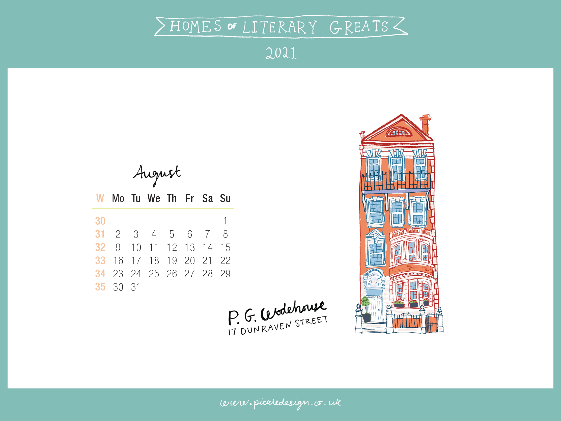 Download the month of August from our 2021 calendar featuring illustrations of classic writer's houses for free for your mobile, tablet and desktop computer background