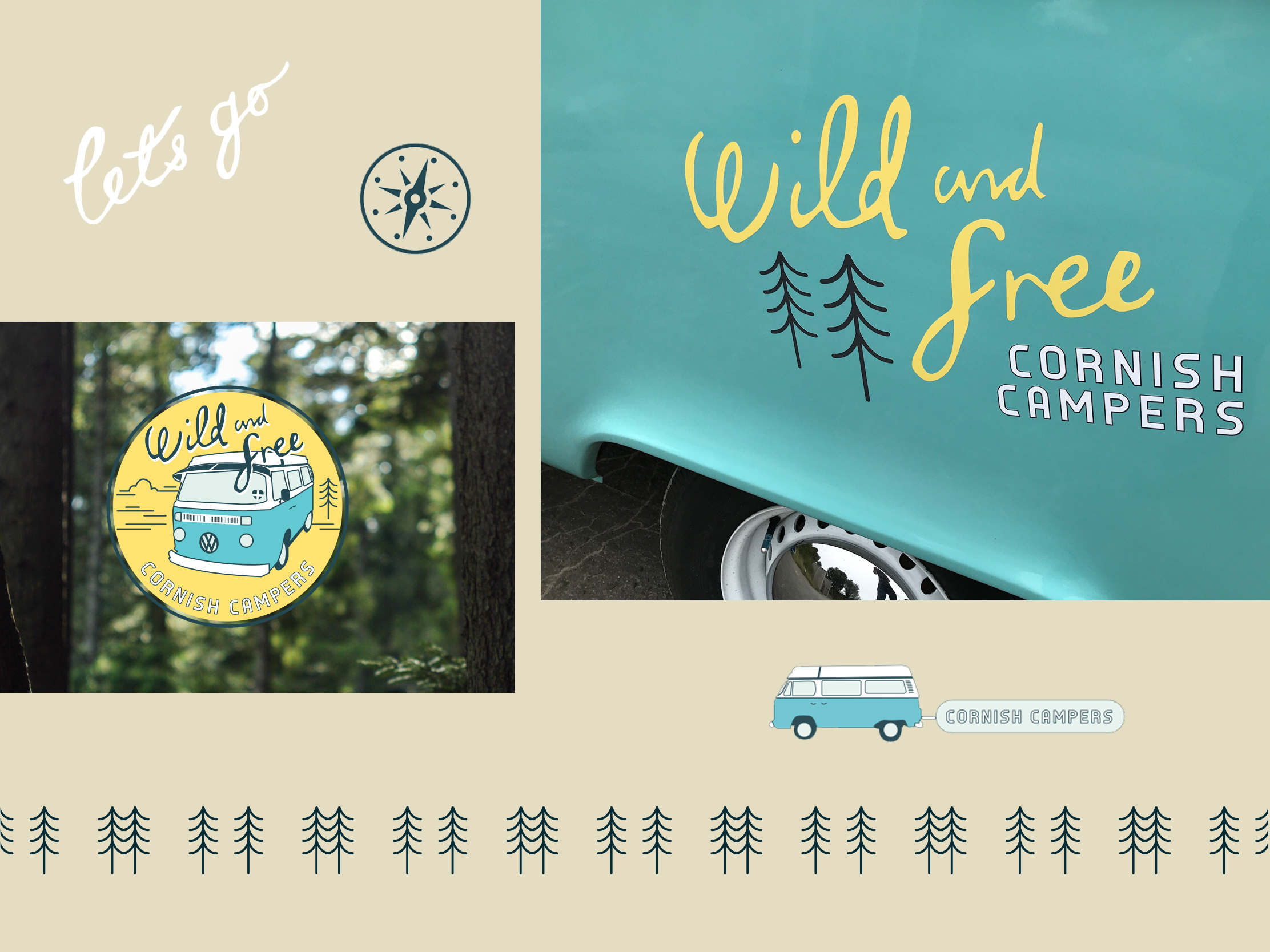 Wild & Free Cornish Campers brand elements including tree and compass illustrations, hand lettering and vehicle graphics