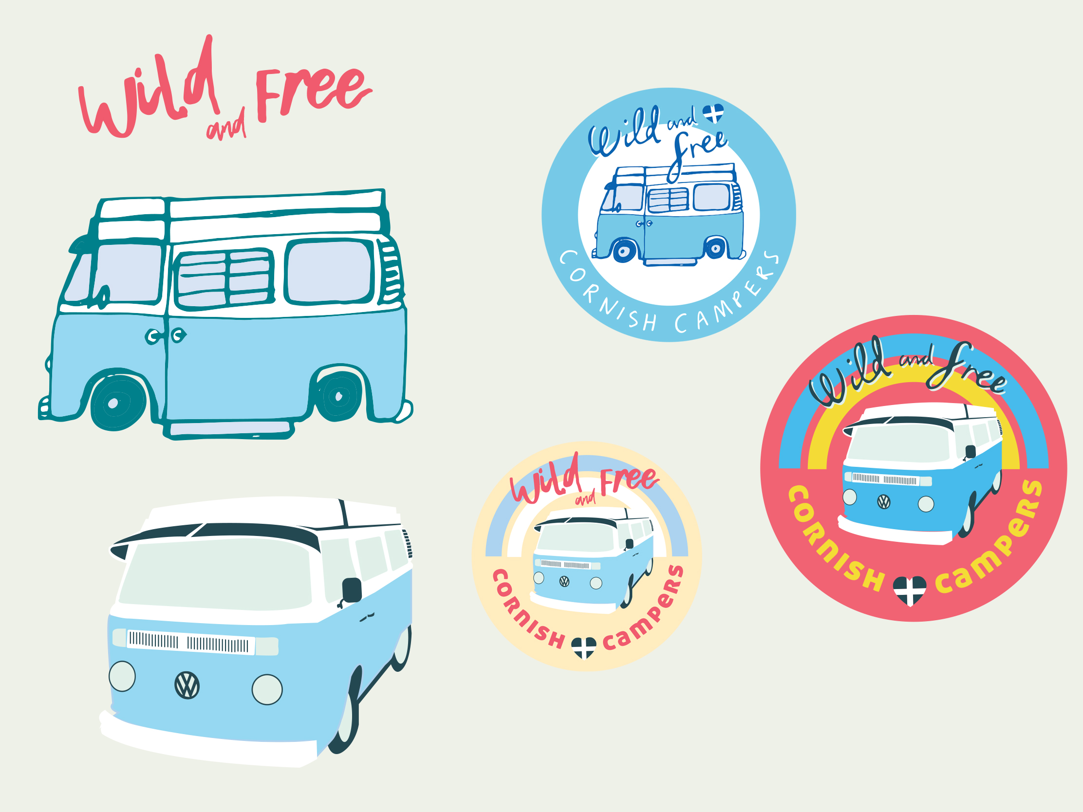Wild & Free Cornish Campers logo development showing campervan illustrations, lettering and alternative circular badge designs