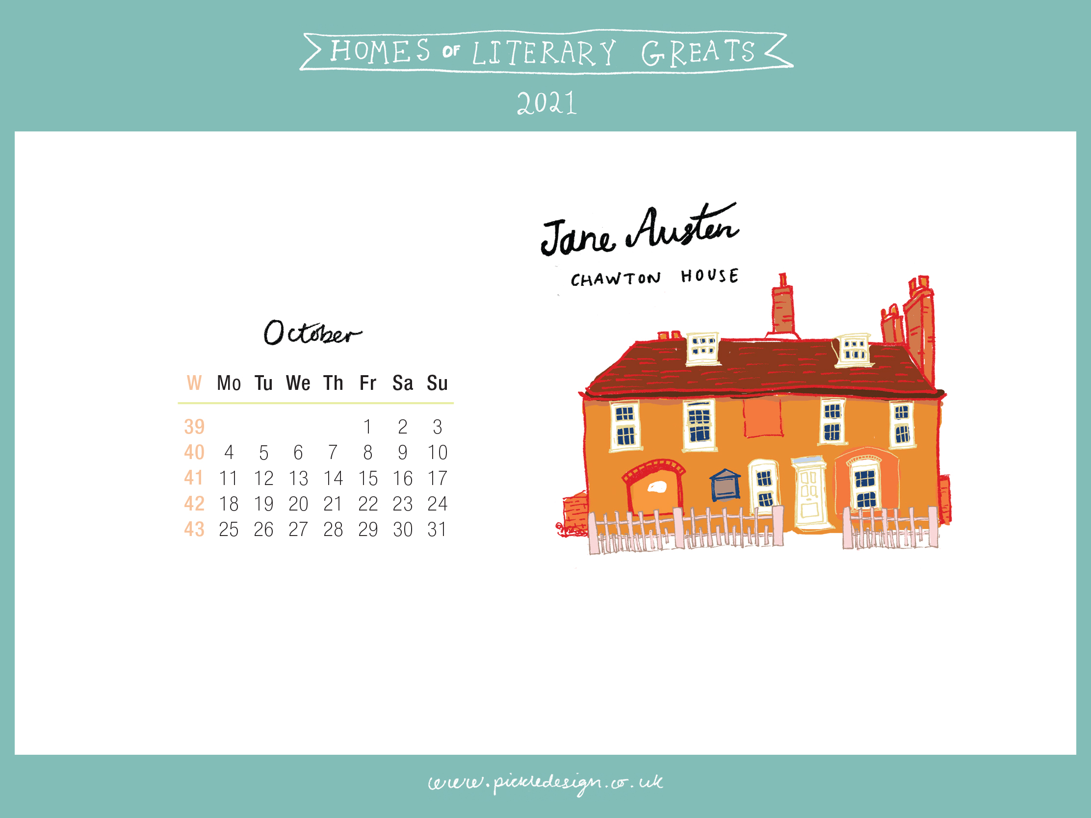 Download the month of October from our 2021 calendar featuring illustrations of classic writer's houses for free for your mobile, tablet and desktop computer background