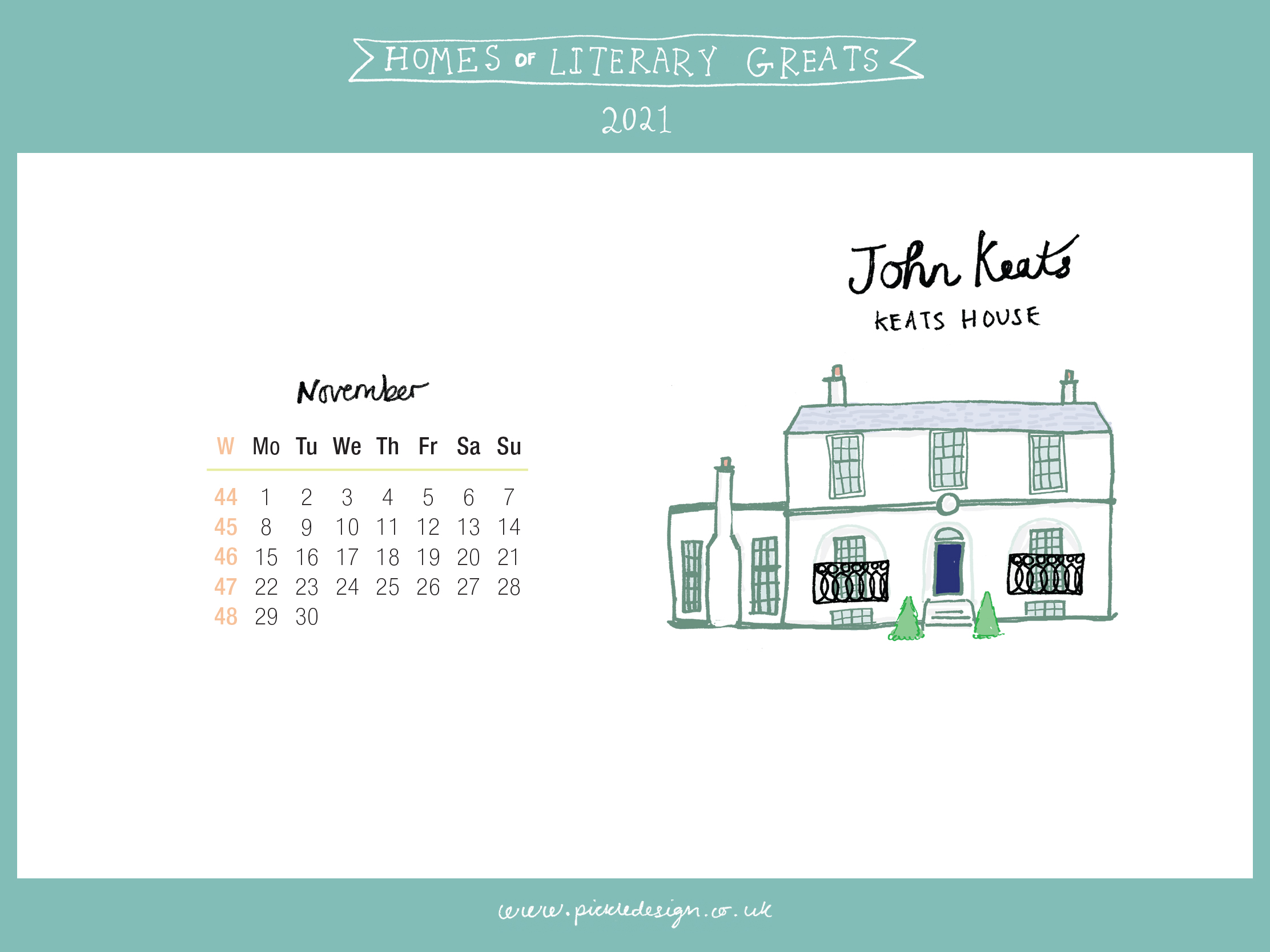 Download the month of November from our 2021 calendar featuring illustrations of classic writer's houses for free for your mobile, tablet and desktop computer background