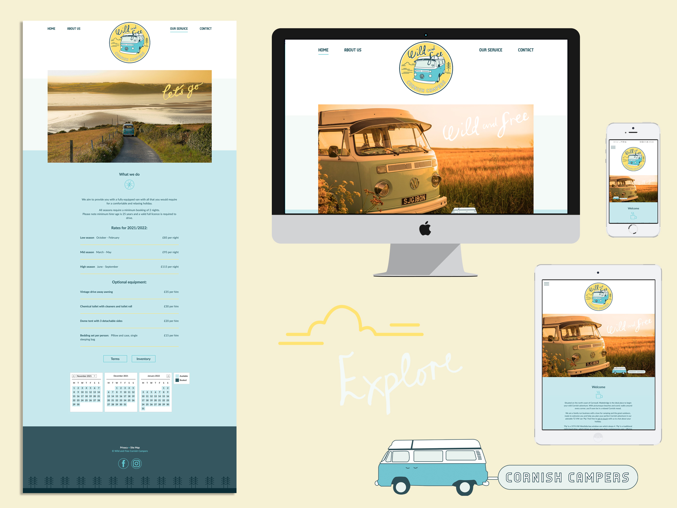Wild and Free Cornish Campers website promoting vintage VW campervan hire in Cornwall
