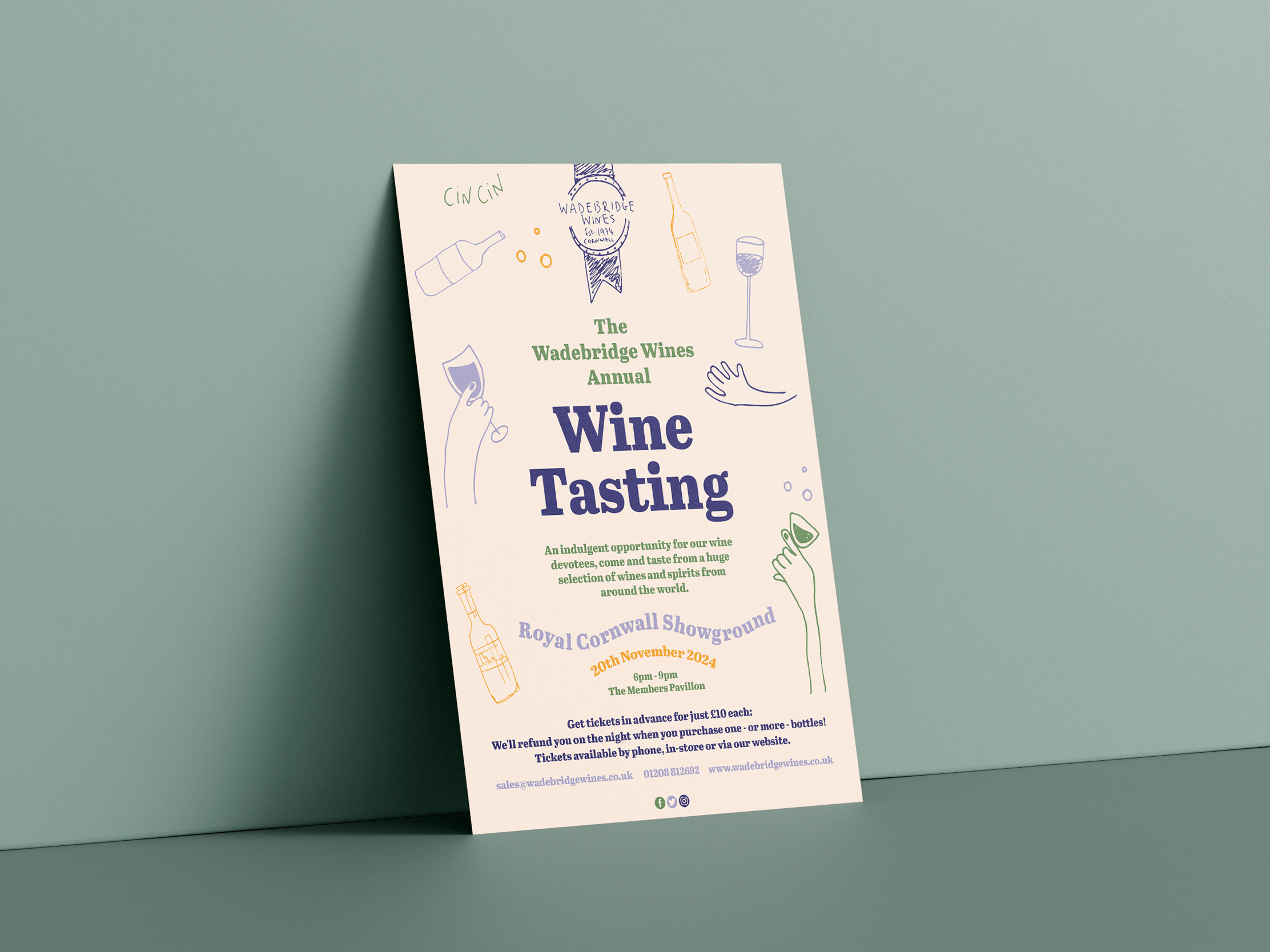 Wadebridge Wines 2024 wine tasting promotional design with hand-drawn wine illustrations